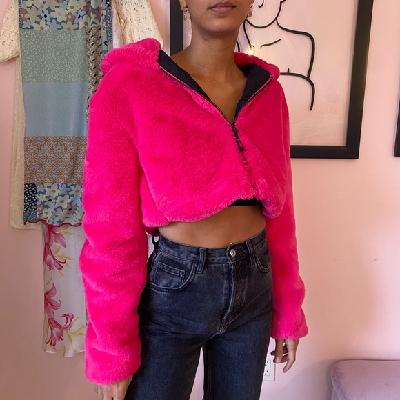 Bershka Jackets & Blazers - Bershka Hot Pink Faux Fur Cropped Coat